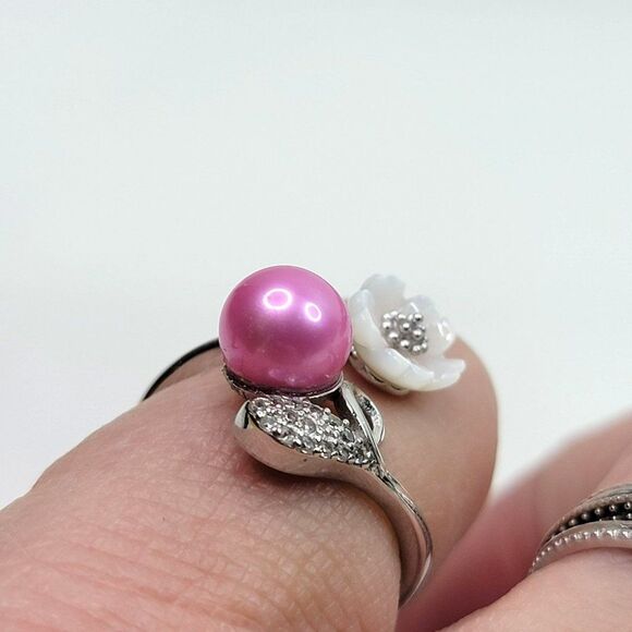 Island Chic Wrap Adjustable Ring 925 Sterling Silver Bright Pink Freshwater Pear - Picture 2 of 4